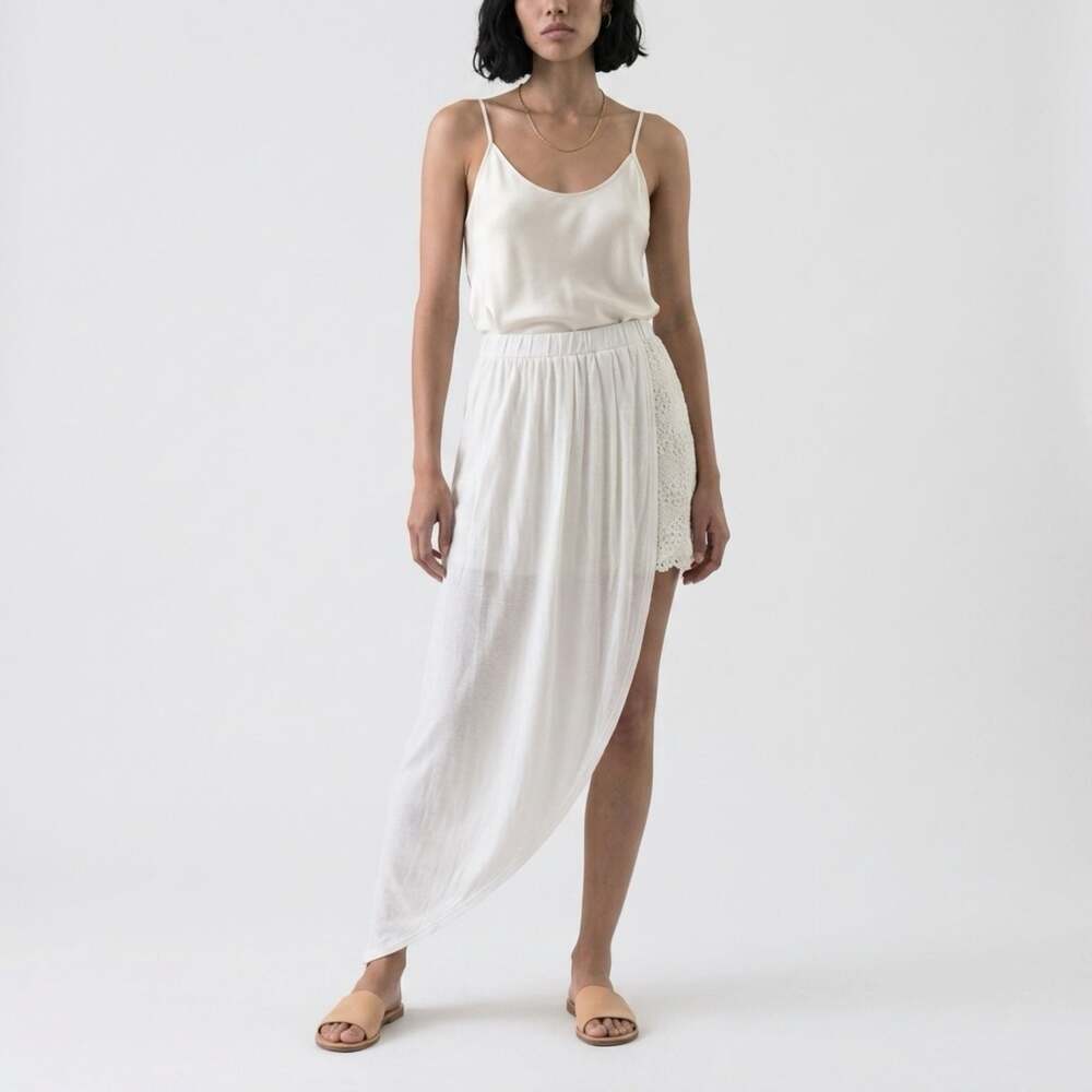 Charlotte Russe White Asymmetrical Draped Maxi Skirt with Lace Detail